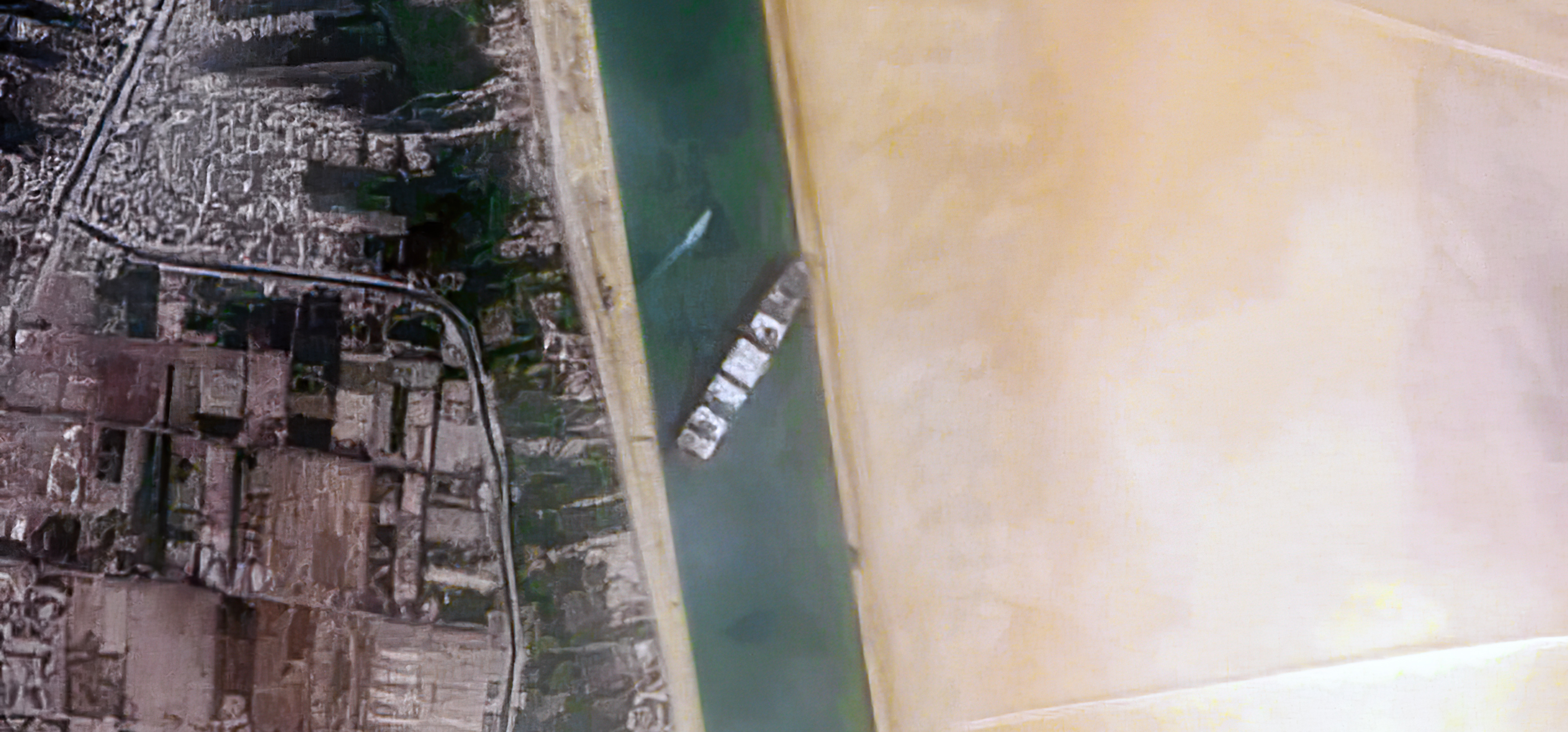 Satellite view of the Ever Given stuck in the Suez Canal, March 24, 2021
