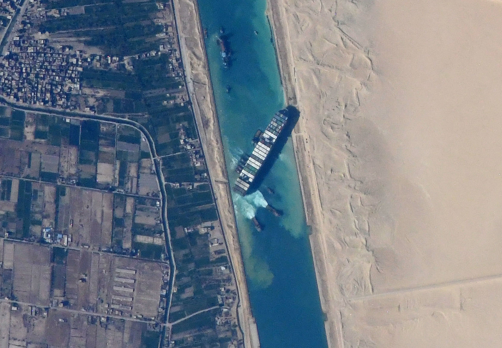 The Ever Given stuck in the Suez Canal, viewed from the International Space Station