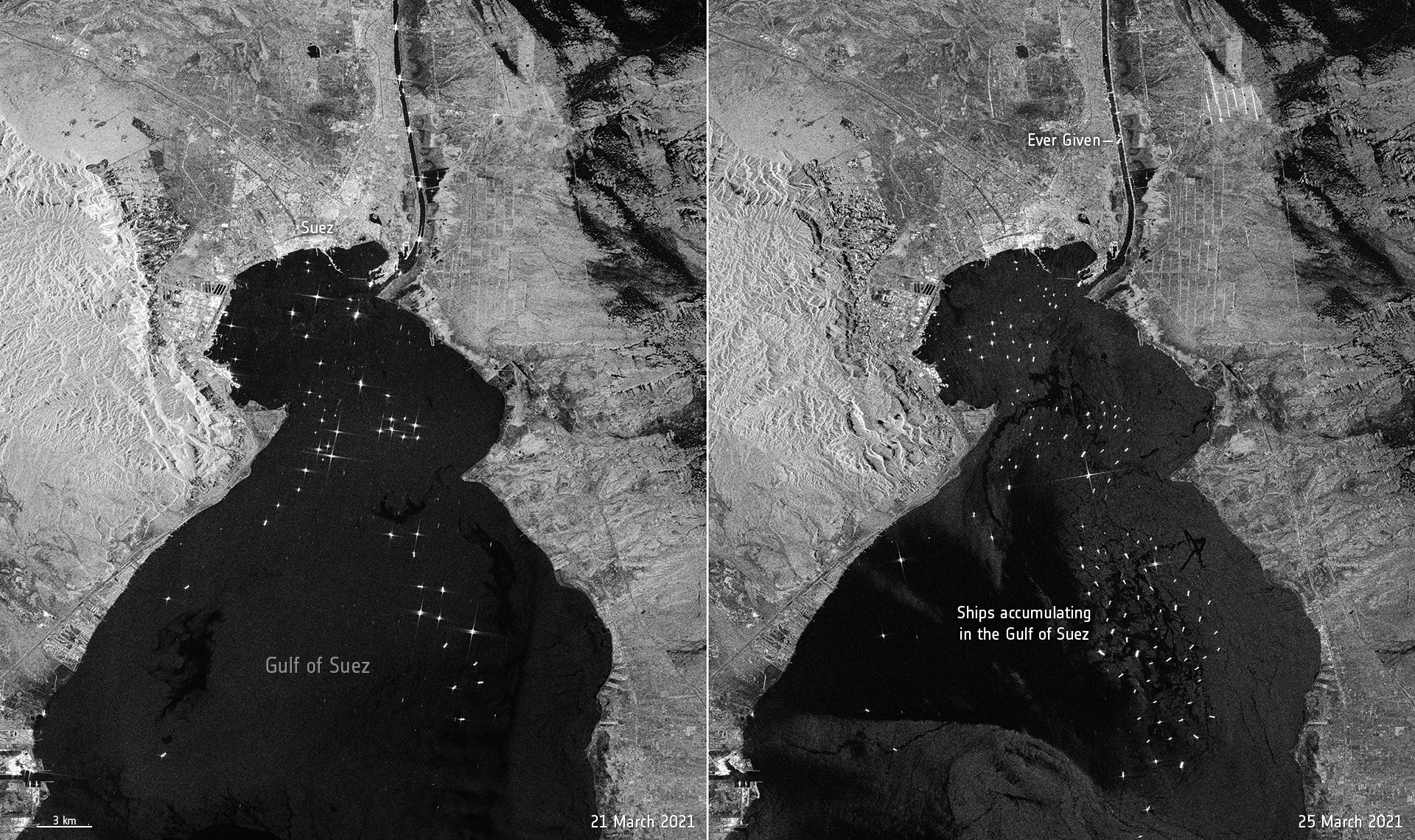 The Suez Canal traffic jam caused by the Ever Given, seen from space