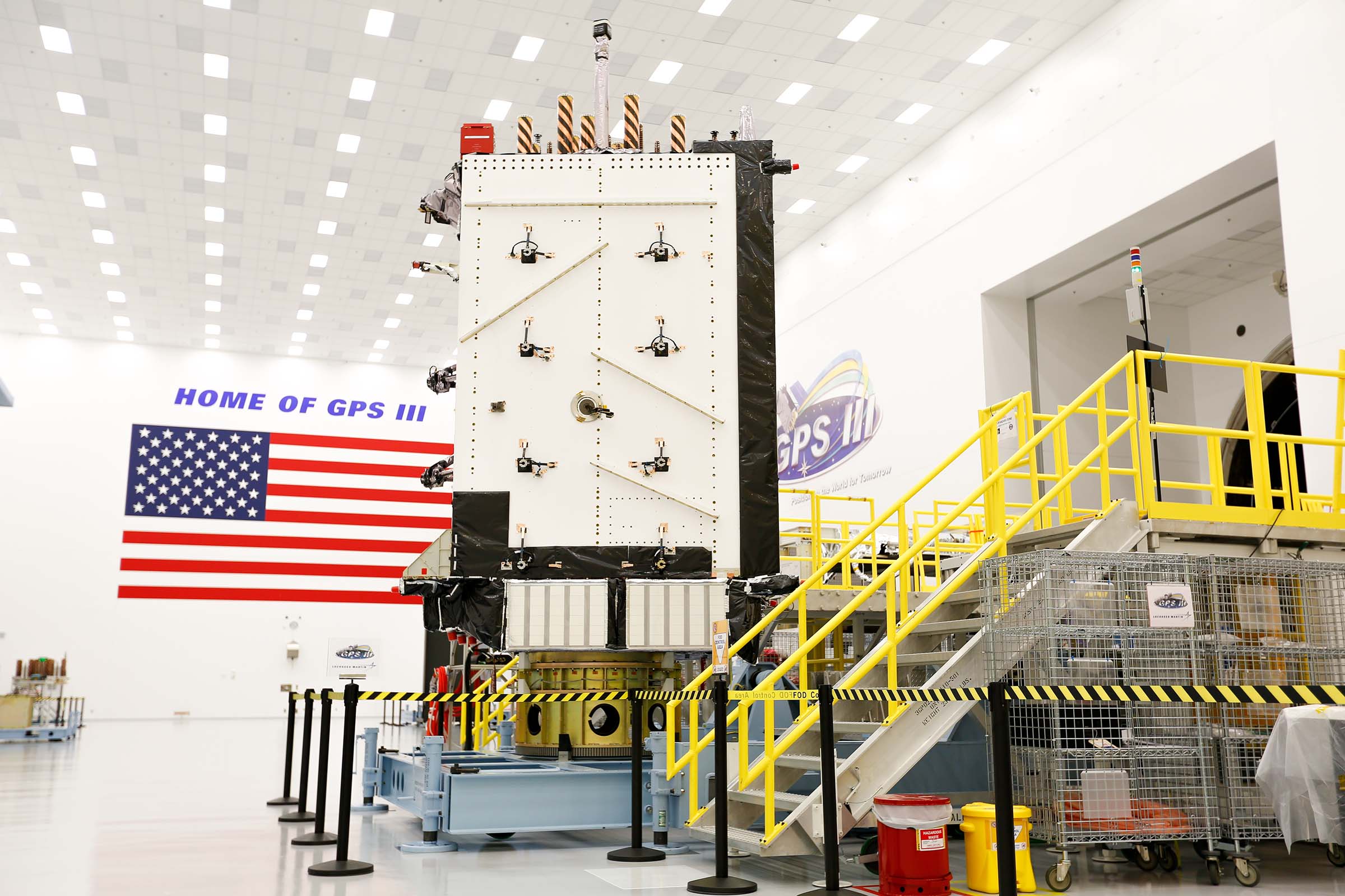 The GPS III SV-01 satellite in Lockheed Martin's processing facility