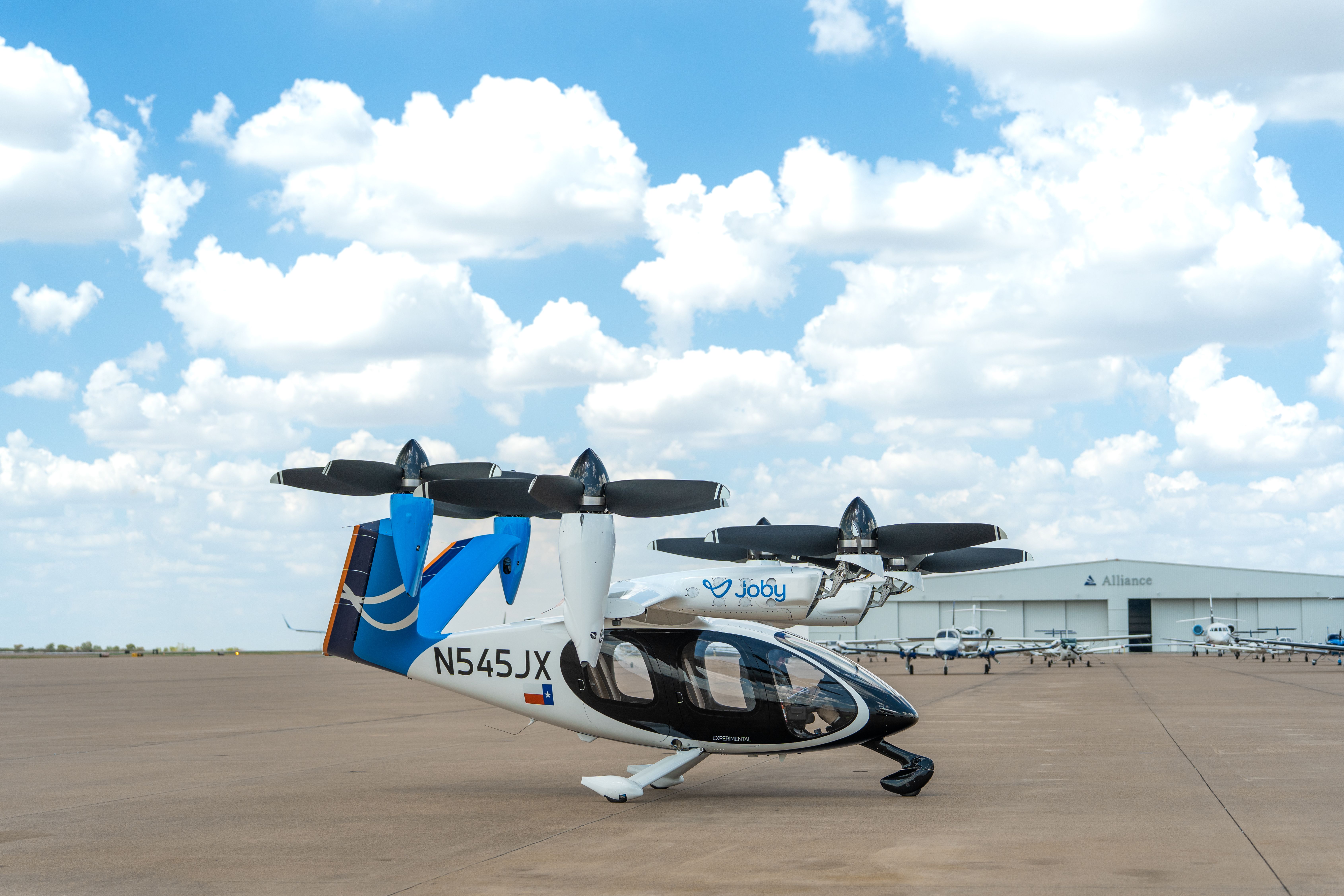 Joby's electric air taxi N545JX on the ramp at Perot Field Fort Worth Alliance Airport
