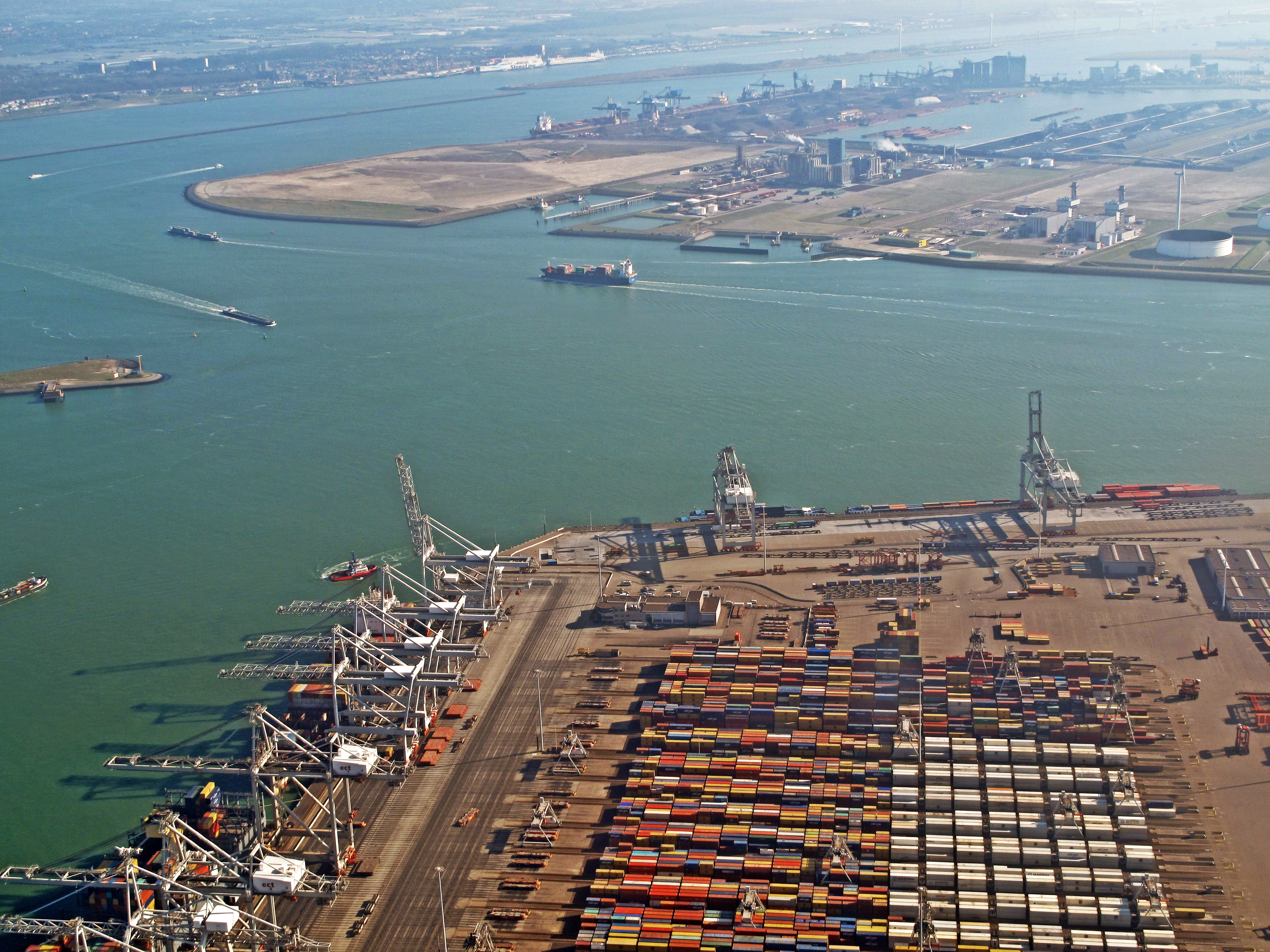 Stacked shipping containers at the Maasvlakte, Port of Rotterdam