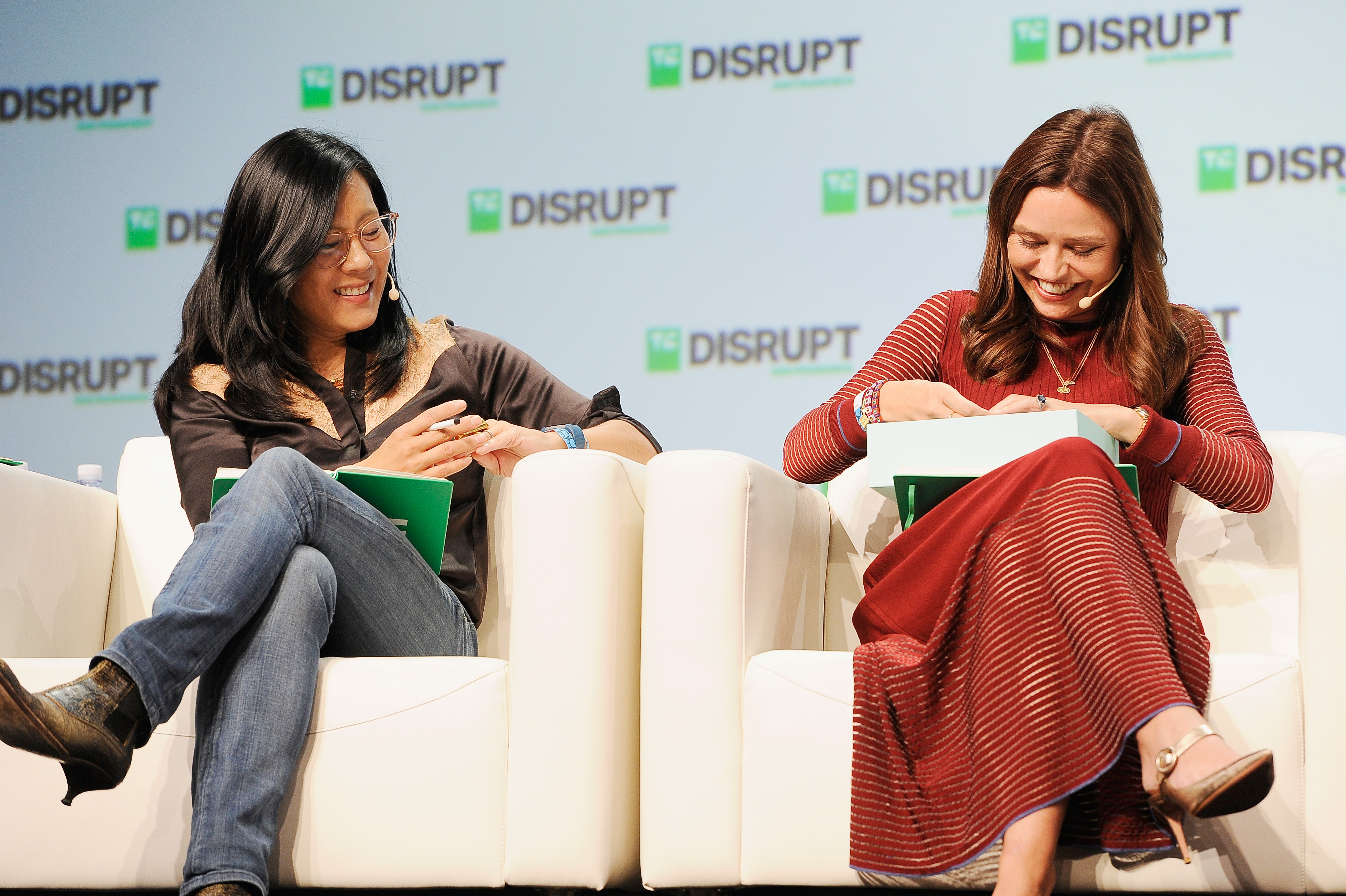 Aileen Lee (left) speaking onstage with Kirsten Green at TechCrunch Disrupt 2018